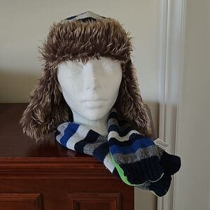 Gap Boy's Winter Trapper Hat With Faux Fur Trim & Scarf One Size Small Blue/Gray